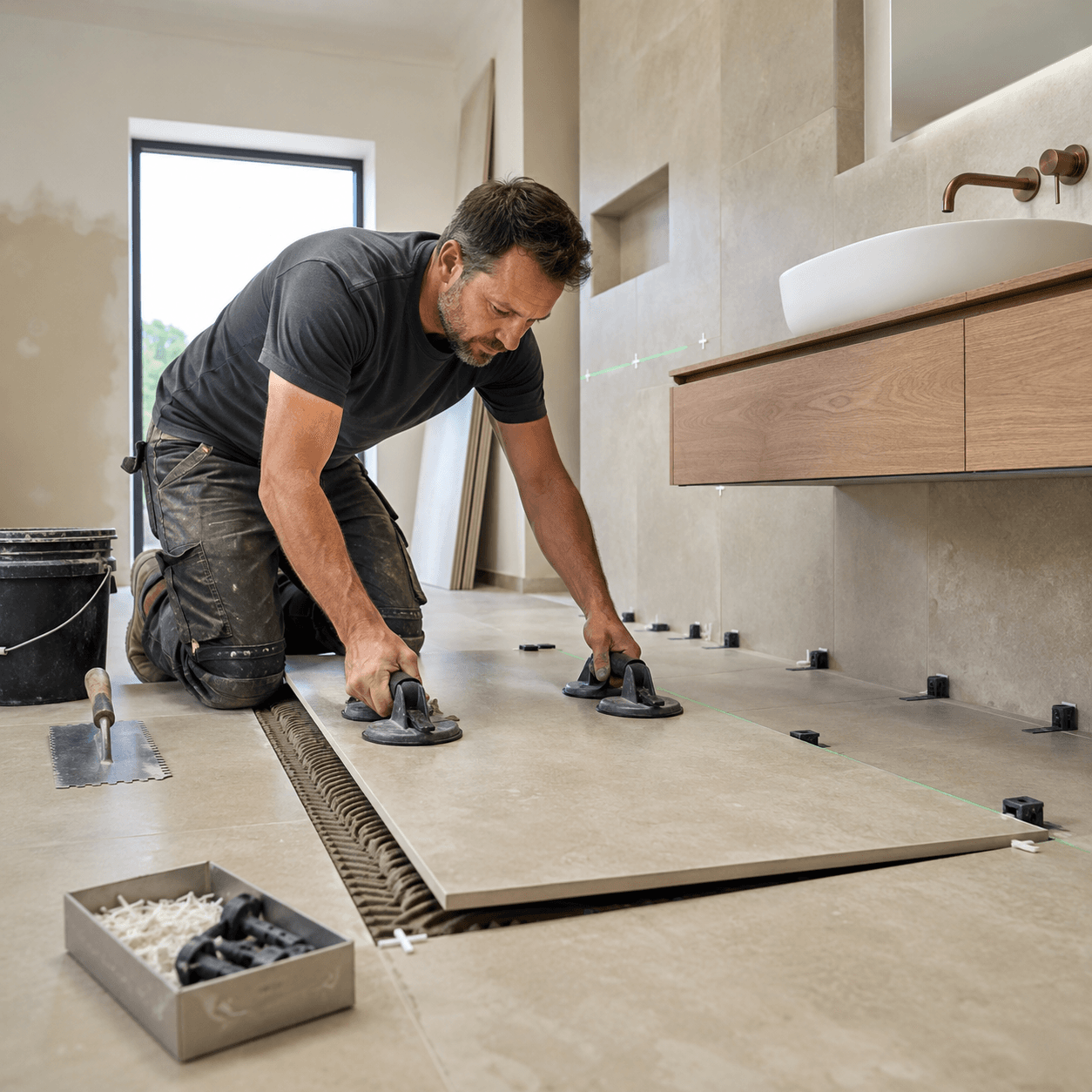 Carreleur posant un carrelage grand format dans une salle de bain moderne.