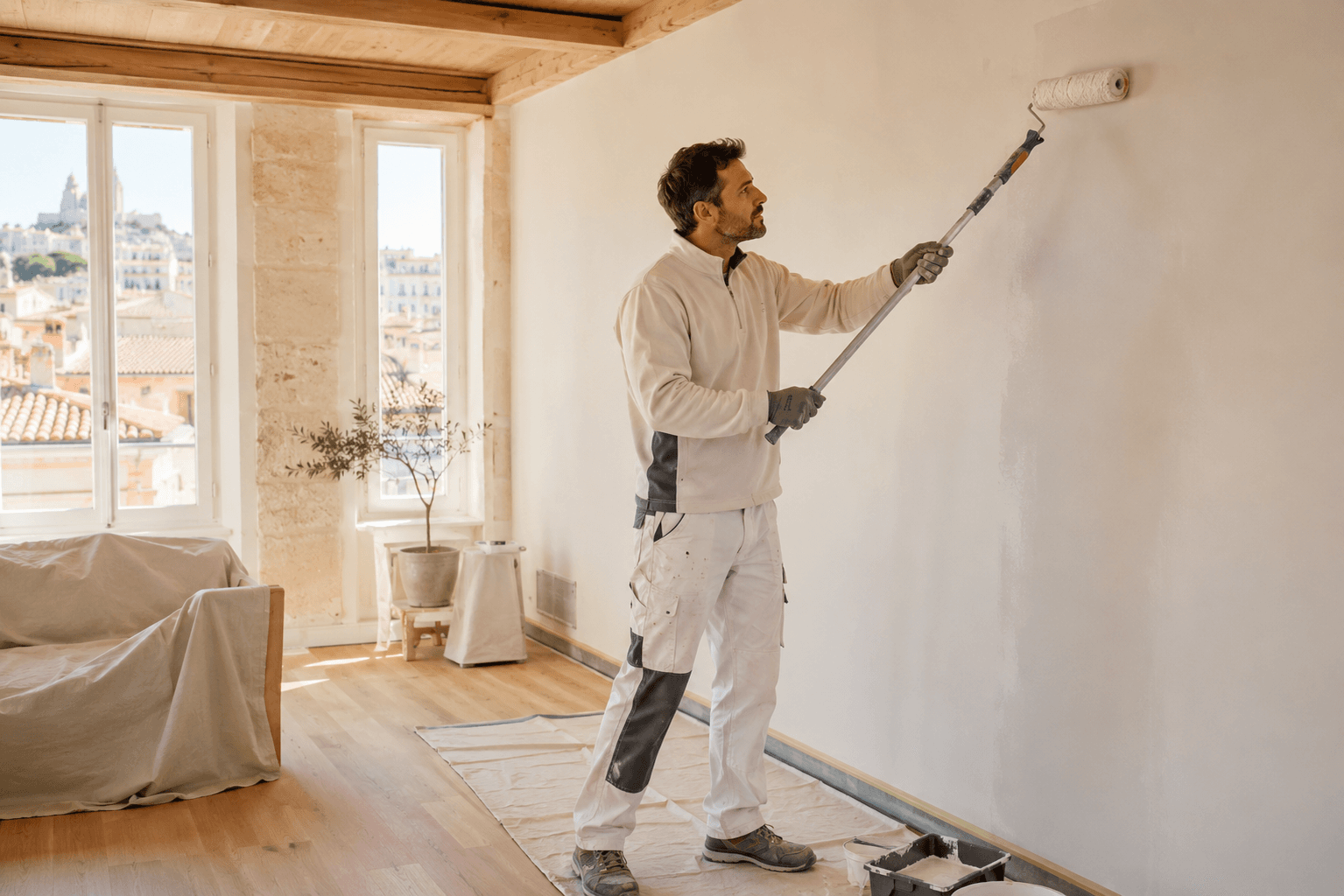 Peintre rénovant un appartement lumineux.